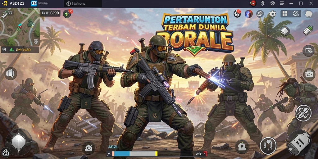 Screenshot utama ASD123 menampilkan pertarungan epik dalam gameplay Battle Royale.