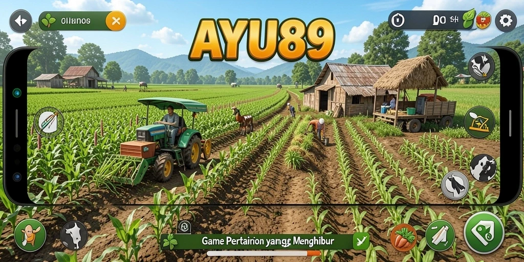 Tampilan gameplay AYU89 menampilkan ladang yang subur dan berbagai aktivitas bertani.