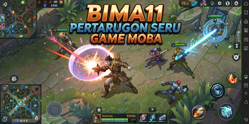Screenshot gameplay BIMA11 yang menunjukkan aksi di arena MOBA.