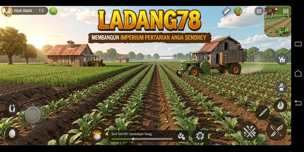Screenshot menunjukkan tampilan ladang yang subur dan aktivitas pertanian yang dinamis.