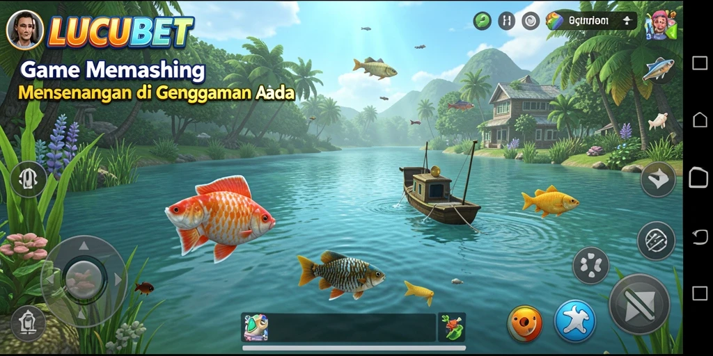 Tampilan gameplay LUCUBET dengan suasana memancing yang indah.