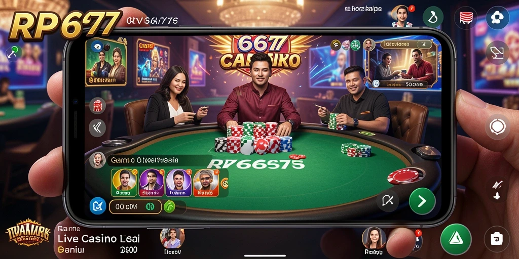 Screenshot gameplay Live Casino RP6677 menampilkan dealer dan pemain dalam sesi taruhan langsung.