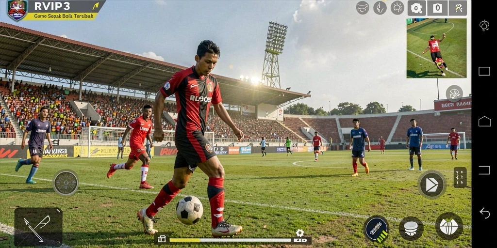 Tampilan gameplay mendebarkan dalam RVIP3 yang menggambarkan aksi sepak bola seru.